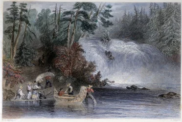 Homens usando canoas na passagem de uma torrente por colonos - em "Canadian scenery illustrated" por W.H. Bartlett, Londres