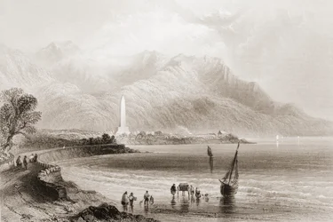 Monumento ao General Ross em Rosstrevor, Condado de Down, Irlanda do Norte, de "Cenário e Antiguidades da Irlanda", de George Virtue, década de 1860 (gravura)
