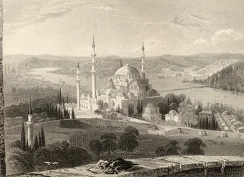 Mesquita e túmulo de Sulieman, da torre de Seraskier, Istambul, Turquia, gravada por H. Adlard