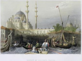 Mesquita de Sultana Valide do porto, gravado por William Wallis, c.1850 (aquatint)