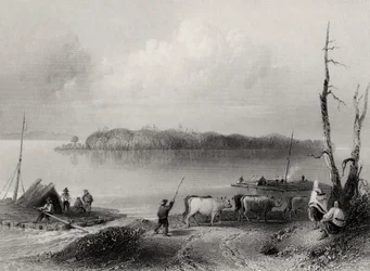 Ilha da Marinha, Rio Niágara, Ontário, Canadá, gravado por Charles Coulson (1815-89)