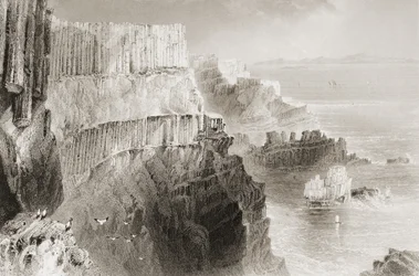Plaiskin, penhasco, perto, calçada gigante, município, Antrim, irlanda norte, de, &39;Scenery, and, antiquities, de, Ireland&39;, por, george, virtue, 1860s