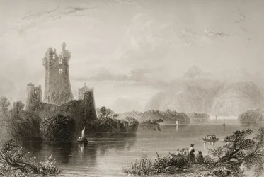 Castelo Ross, Killarney, Condado de Kerry, de "Cenário e Antiguidades da Irlanda" por George Virtue, de 1860