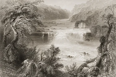 Salmão Salto em Leixlip, Condado de Kildare, de &39;Cenário e antiguidades da Irlanda&39; por George Virtue, de 1860