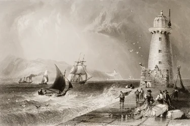 Farol da parede sul com Howth Hill à distância, Dublin, de &39;Cenário e antiguidades da Irlanda&39; por George Virtue, de 1860