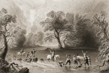 Tomando um veado perto Derrycunnihy Cascade, Condado de Kerry, na Irlanda, de "Cenário e Antiguidades da Irlanda" por George Virtue, de 1860 (gravura)