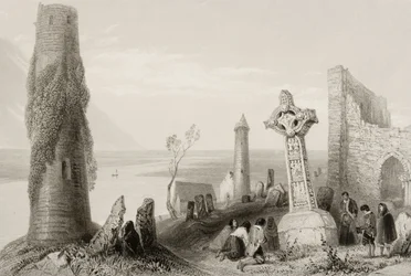 A antiga cruz e torre redonda em Clonmacnois, Condado de Offaly, Irlanda, de &39;Cenário e antiguidades da Irlanda&39; (ver 131074)