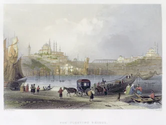 A ponte flutuante, Istambul, gravada por JC Bentley, c.1850 (aquatint)