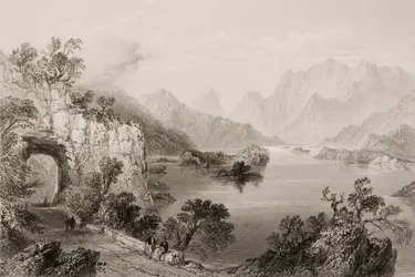 O lago superior em Killarney, Condado de Killarney, na Irlanda, de "Cenário e antiguidades da Irlanda" por George Virtue, de 1860