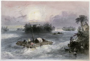 Transporte de Madeira e Rapids para a Vila de Cedros - em "Canadian scenery illustrated" por Bartlett W. H.