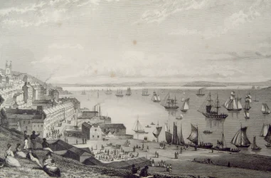 Vista, de, cobh, porto, olhar, Rostellan, município cortiça, irlanda, em, a, 1830s, de, &39;Scenery, and, antiquities, de, Ireland&39;, por, george, virtude, 1860s