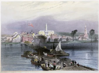 Vista da Cobura e transporte de madeira - em "Canadian Scenary illustrated" por William Henri Barlett, ed. George Virtue