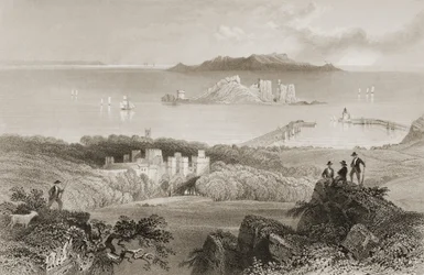 Vista, de, Howth, castelo, município dublin, irlanda, de, &39;Scenery, e, antiguidades, de, Ireland&39;, por, george, virtude, 1860s