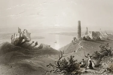 Vista, de, a, &39;Seven, igrejas, de, Clonmacnois&39;, município, Offaly, irlanda, de, &39;Scenery, and, antiquities, em, Ireland&39;, por, george, virtue, 1860s