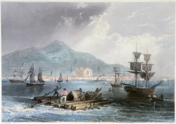 Vue de Montréal et de bateaux - em "Canadian Scenary illustrated" por William Henri Barlett, ed. George Virtue