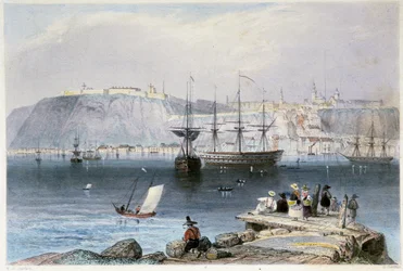 Vue de Québec et de son port (Canadá) - em "Canadian Scenary illustrated" por William Henri Barlett, ed. George Virtue