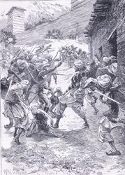 Tenente Harley liderando a sorte de Fort Chitral, ilustração deCassells History of England, de 1900