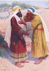 O encontro de Jacó e Esaú, do Livro de Gravuras da Bíblia, publicado por Thomas Nelson, c.1950
