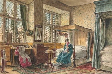 A senhorita Moore a costurar no seu quarto, Hardwick Hall, Derbyshire