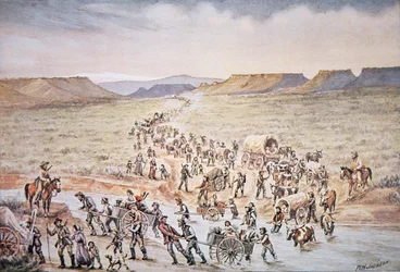 Pioneiros do carrinho de mão mórmon rumo ao oeste de Utah em 1850 (cor litho)