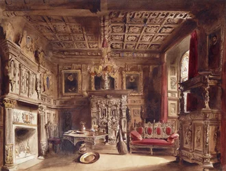 Um quarto em uma mansão antiga,
