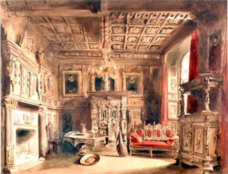 Um Tudor Interior (tinta castanha e aguarela sobre papel)