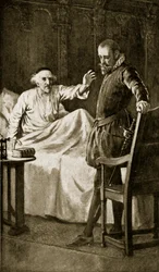 Knox em seu leito de morte, em novembro de 1572, ilustração da "História da nação britânica" de Hutchinson, c.1923