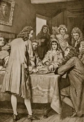 Paterson explica o esquema de Darien em Edimburgo, 1694, ilustração da "História da nação britânica" de Hutchinson, c.1923