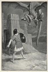 O dragão afundou em sua direção, abrindo suas terríveis mandíbulas, de "Mitos Heróis e Lendas da Raça Britânica", de MI Ebbutt, 1910