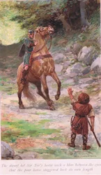 O anão acertou o cavalo de Sir Tor com um golpe tão forte entre os olhos que o pobre cavalo cambaleou para trás em seu próprio comprimento.