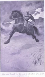 O cavalo trouxe Sir Percivale para as margens de um grande mar agitado
