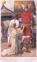 Então a irmã de Sir Percivale pendurou a espada embainhada no cinto e a cingiu na cintura de Galahad.