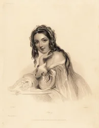 Retrato de Amy. Beleza vestindo um véu sobre cabelo comprido, vestido de ermine-trim off-theshoulder, segurando um colar de pérolas. Gravura de ponta de aço de William Henry Mote após uma ilustração de John Hayter de Charles Heath