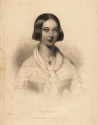 Jovem Rainha Vitória, 20 e poucos anos. Gravura de ponta de aço por William Henry Mote após uma ilustração de William Drummond de Charles Heath