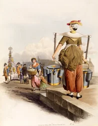 A Milkmaid, de The Costumes of Great Britain, pub. Por Henry Miller, 1805 (impressão colorida à mão)