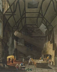 Interior da cozinha, faculdade do trinity, Cambridge, da história de Cambridge, gravada por Joseph Constantine Stadler (fl.1780-1812), bar. por R. Ackermann, 1815 (cor aquatint)