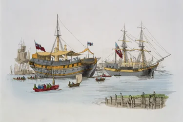 Navios-prisão, de «Costume of Great Britain», publicado por William Miller, 1805