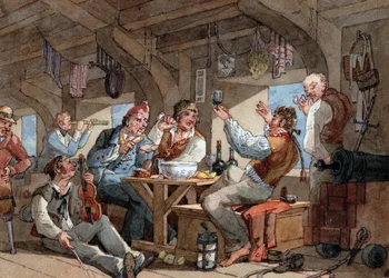 Marinheiros a beber a bordo do convés inferior do seu navio, cena com violinista e fumador de cachimbo, linho deitado numa corda e equipamento de bordo (espada, pistola, canhão, candeeiro)
