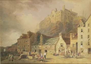 Castelo de Edimburgo do mercado de grama, mostrando o Little West Port, cerca de 1820 (wc e sépia)