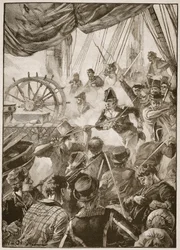 Cerca de trinta membros da tripulação fizeram uma pequena demonstração de resistência, ilustração de "Batalhas do século dezenove", de Archibald Forbes, GA Henty e Major Arthur Griffiths.