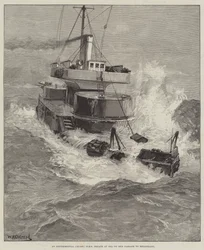 Um cruzeiro experimental, HMS Hecate no mar em sua passagem para Heligoland