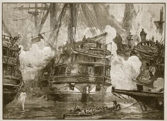 Batalha de Navarino: A &39;Ásia&39; envolvendo os navios do Capitão Bey e Mohurrem Bey, ilustração de &39;História Ilustrada de Cassell da Inglaterra&39; (foto sépia)