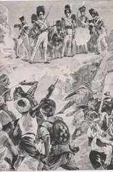 Seguidores de Carmichaels lançaram um voleio no denso aglomerado de homens: Batalha de Bharatpur 1826, ilustração das Batalhas Britânicas na Terra e no Mar, 1915