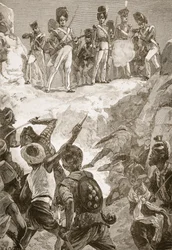 Os seguidores de Carmichael dispararam contra o denso aglomerado de homens à sua frente, ilustração de "Batalhas do Século Dezenove", de Archibald Forbes, GA Henty e Major Arthur Griffiths.