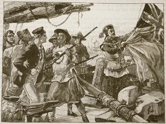 Oficiais chineses puxando para baixo a bandeira britânica na &39;Arrow&39;, 8 de outubro de 1856, ilustração de &39;História Ilustrada de Cassell da Inglaterra&39; (foto sépia)