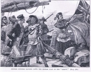 Oficiais chineses puxando a bandeira britânica na "Arrow" 1856 AD