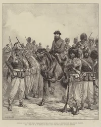 General Ghous-ud-din Khan, comandante das tropas afegãs em Penjdeh, com seus soldados afegãos