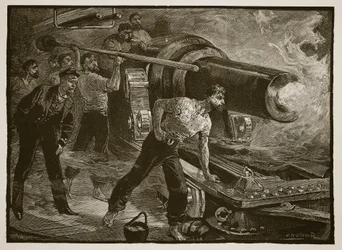 Guerra naval: trabalhando arma de um navio, gravada por WJ Palmer