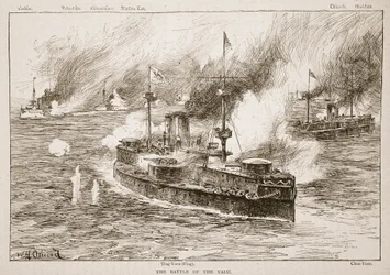 A Batalha do Rio Yalu, 1894, ilustração de "Batalhas do Século Dezenove", de Archibald Forbes, GA Henty e Major Arthur Griffiths