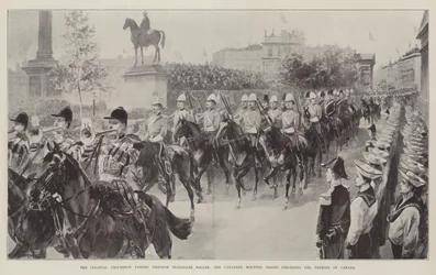 A procissão colonial passando por Trafalgar Square, as tropas montadas canadenses que precedem o Premier do Canadá